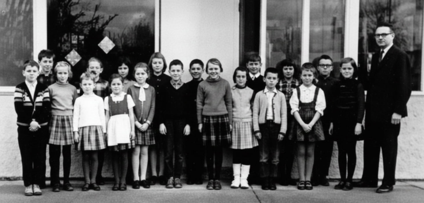 Heinz Sklarzik, first German School principal, with his class at the McLean, Virginia, campus (November 1964).
